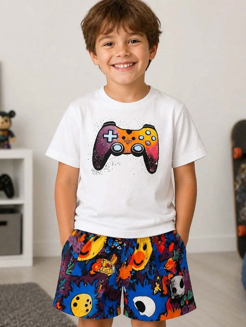 Kids White Game Controller Tee and Colorful Printed Shorts Pajama Set